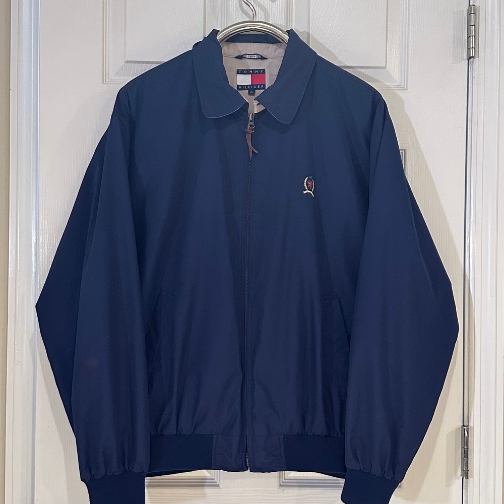 Tommy‎ Hilfiger Mens Harrington Jacket Navy Blue Full Zip Crest Logo Fleece L